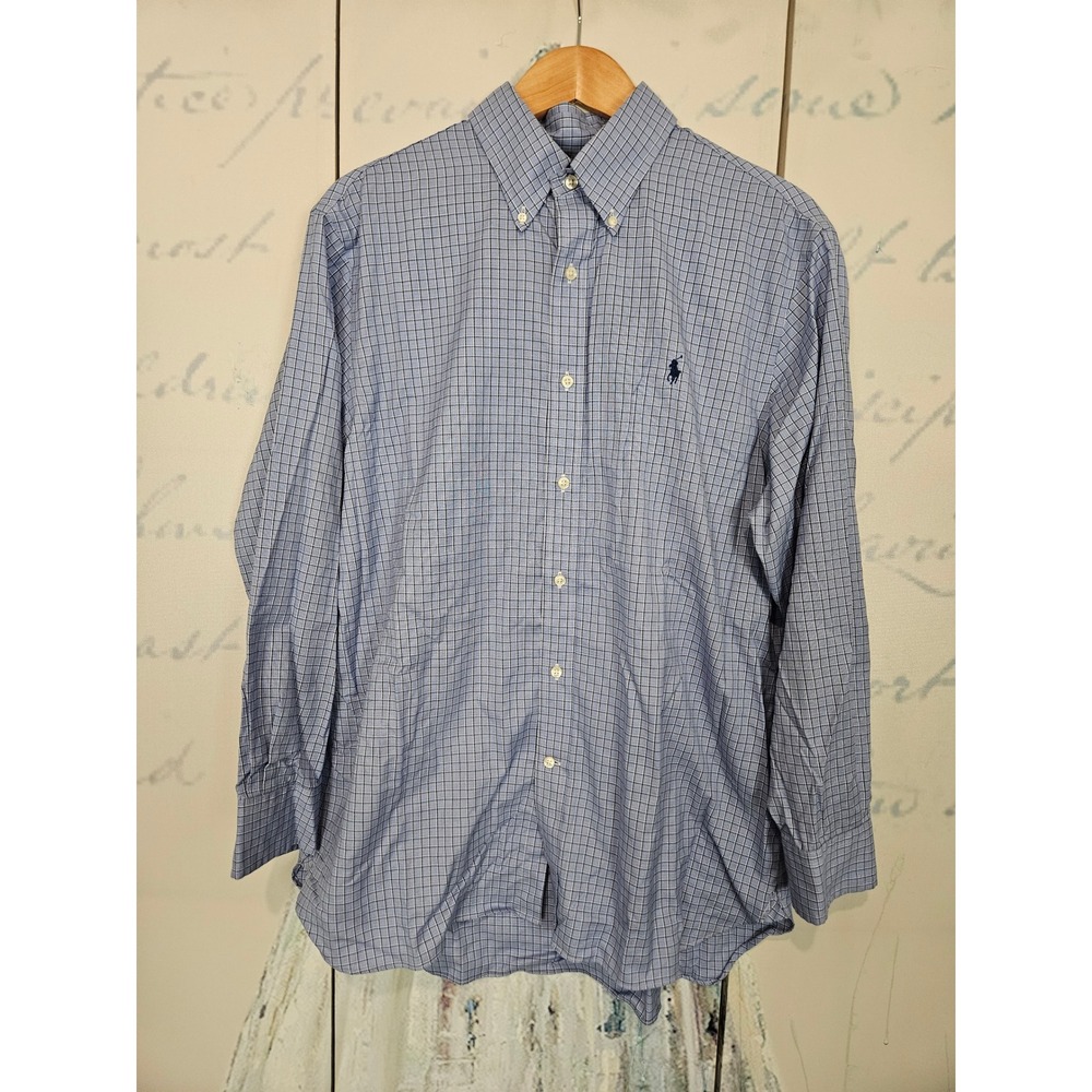 Ralph Lauren Button Down Shirt L 16.5 Blue Micro Check Classic Fit Easy Care